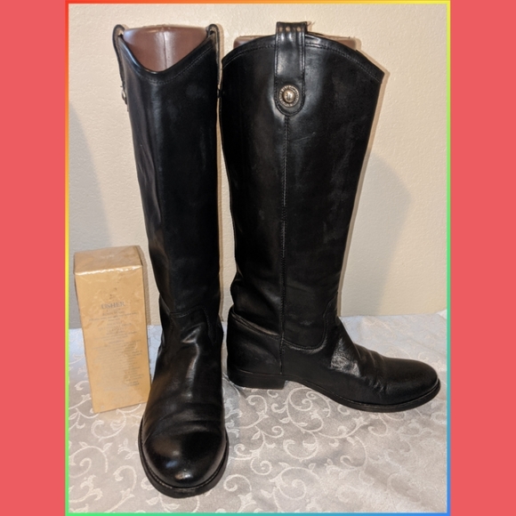 FRYE MELISSA BLACK LEATHER RIDING BOOTS - Picture 2 of 7